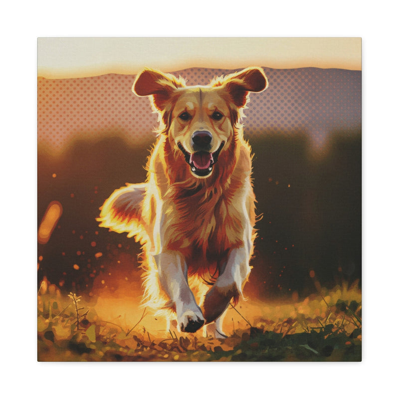 A dynamic, high-energy digital painting of a Golden Retriever running, showing stylized fur textures and warm lighting.
