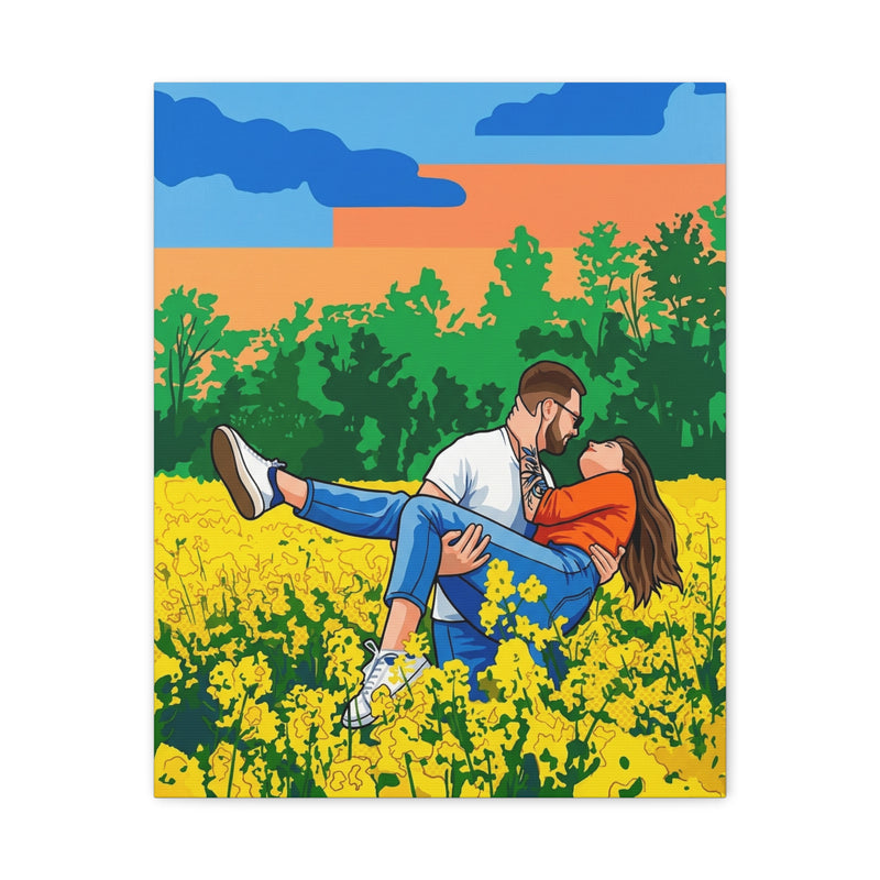 A man lifting a woman in a field of yellow flowers, depicted in a bold cartoon style on a professional canvas.