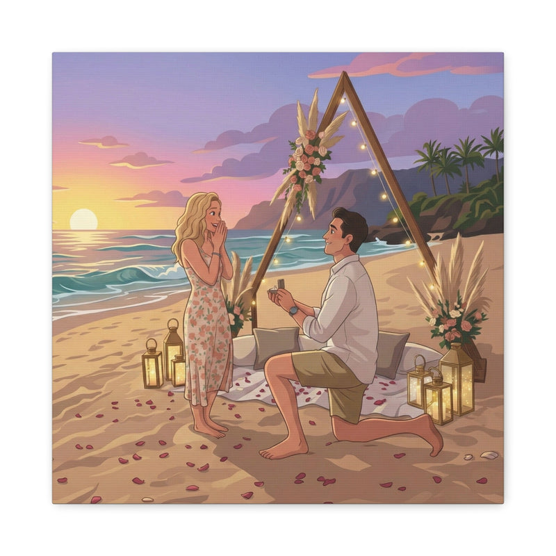 A romantic sunset beach proposal with a couple and lanterns, illustrated in a vibrant cartoon style on canvas.