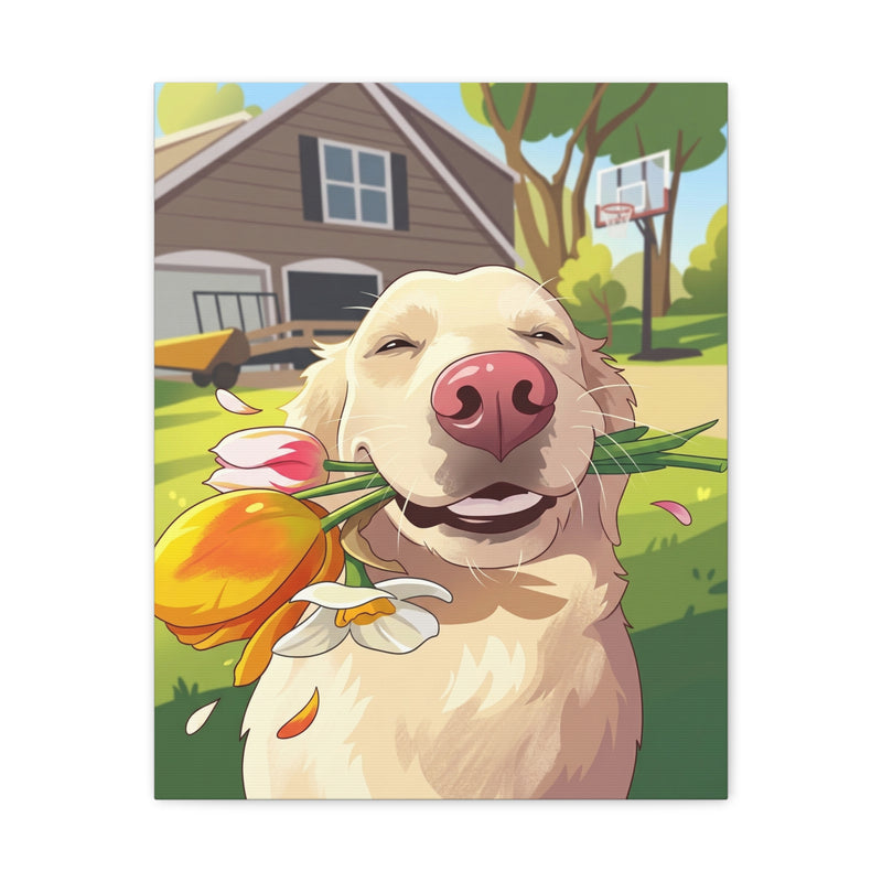 A happy Golden Retriever holding a bouquet of tulips in its mouth, depicted in a playful cartoon style on a high-quality canvas.
