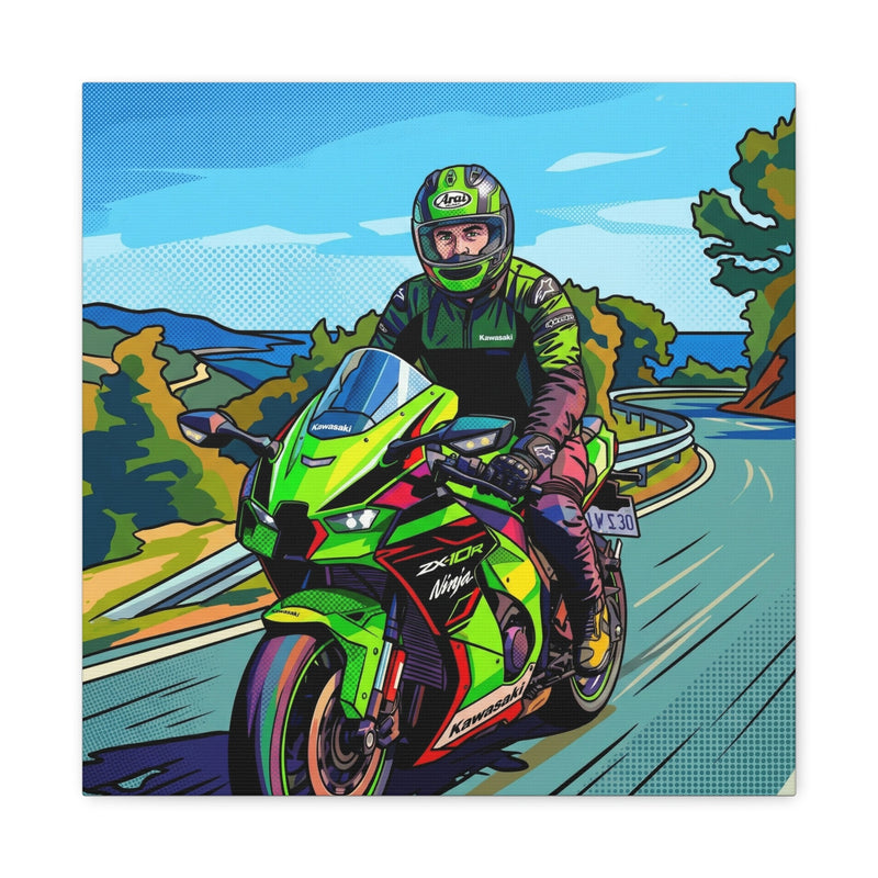 A vibrant, artist-inspired pop art illustration of a man with his green motorcycle, a bold and personalized gift idea for him.