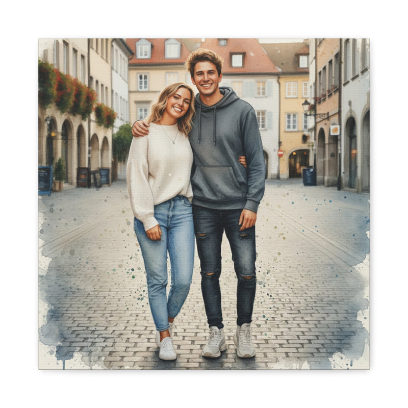 A personalized watercolor style portrait of a couple on a cobblestone street, a timeless and hand-crafted anniversary gift on canvas.