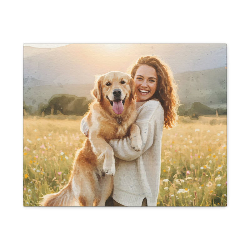 A personalized watercolor style pet portrait of a Golden Retriever and owner, a thoughtful gift idea for dog lovers.