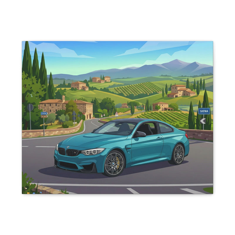 A teal BMW sports car on a winding road through an Italian vineyard, rendered in a sharp cartoon style on high-quality canvas.