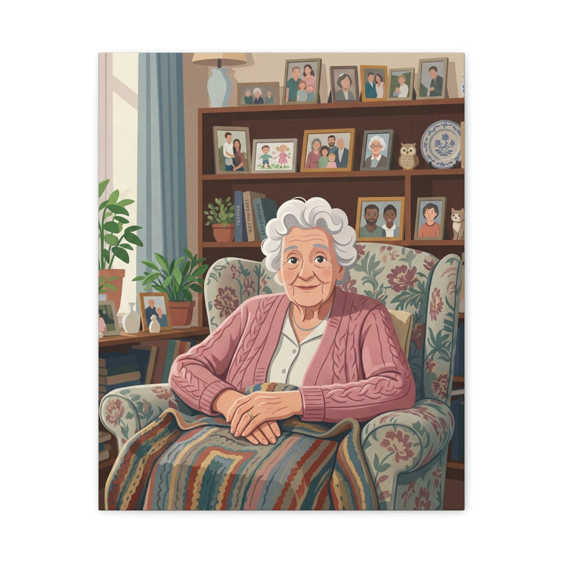 An elderly woman in a floral armchair, rendered in a modern cartoon style on a professional gallery canvas.