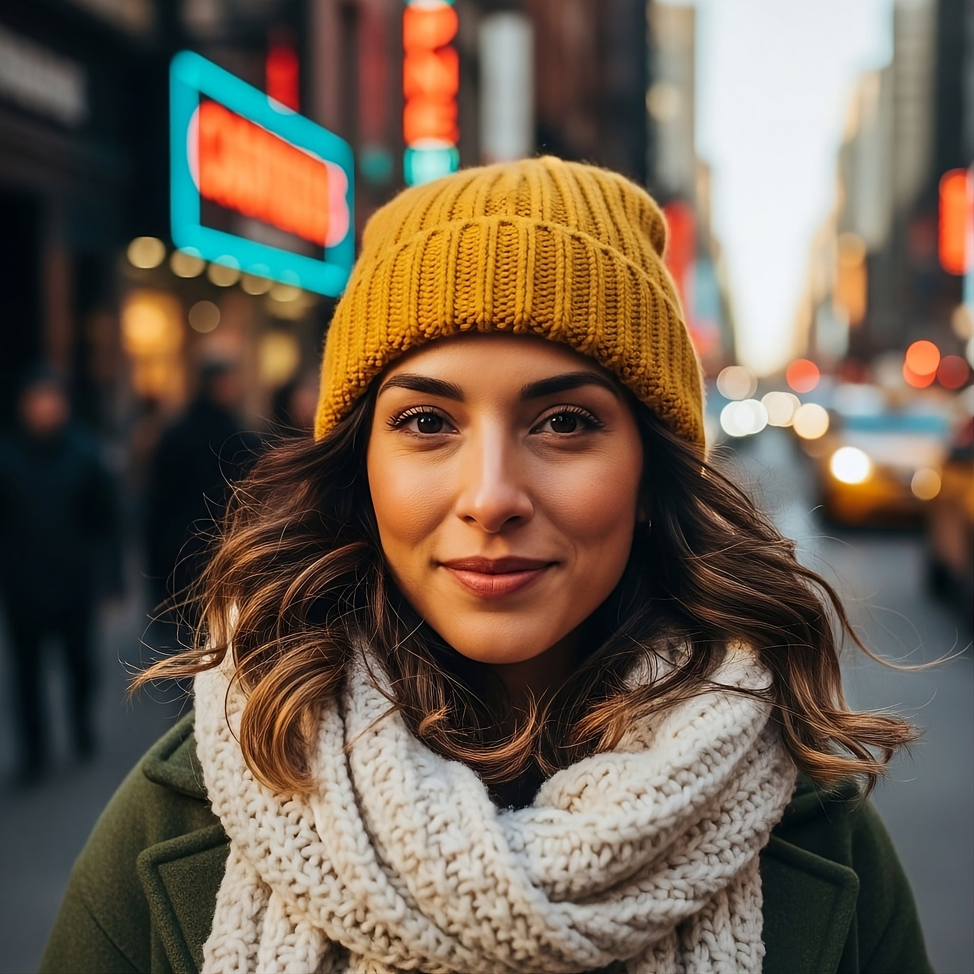 Original customer photo of a woman wearing a yellow beanie on a city street, ready for custom cartoon transformation.