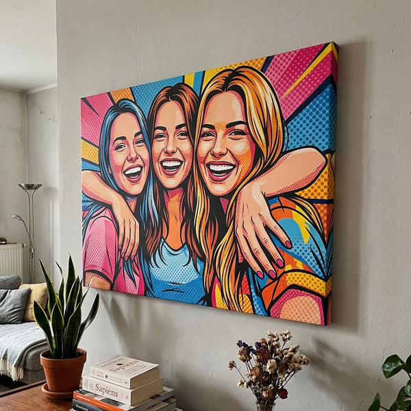 Colorful artwork of three laughing women on a wall in a living room.