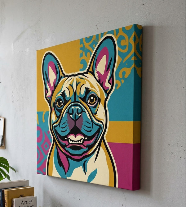 Colorful abstract painting of a dog on a textured wall