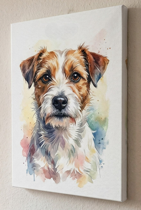 Canvas print of a watercolor painting of a dog's face on a beige wall.