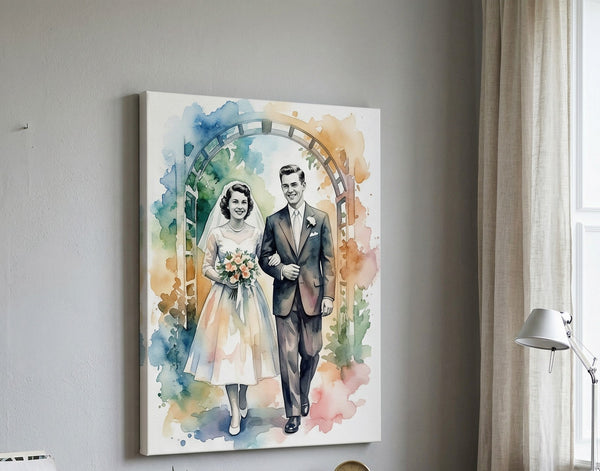 Canvas print of a bride and groom walking under an arch on a wall.