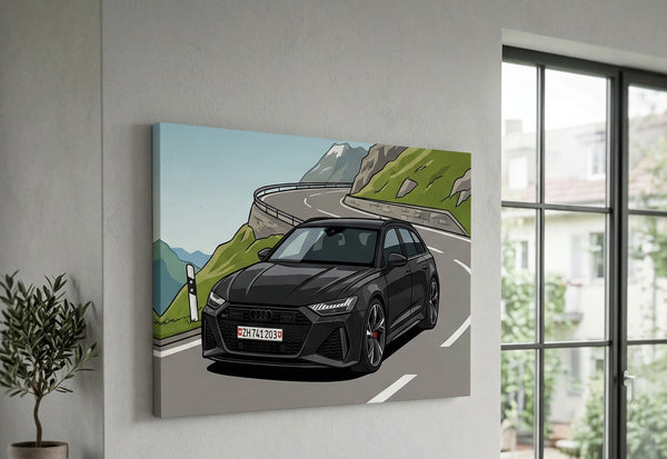 Canvas print of a black car on a mountain road in a modern interior setting.