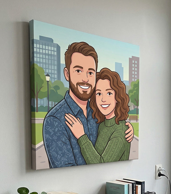 Cartoon portrait of a couple in a park with cityscape background on a wall.