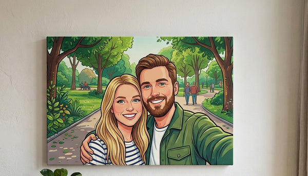 Cartoon-style portrait of a couple in a park on a wall.