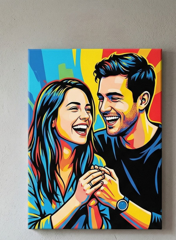 Colorful painting of a couple holding hands on a plain wall.