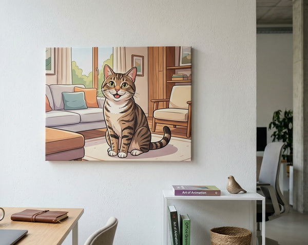 Canvas print of a cat in a living room setting on a wall above a desk.