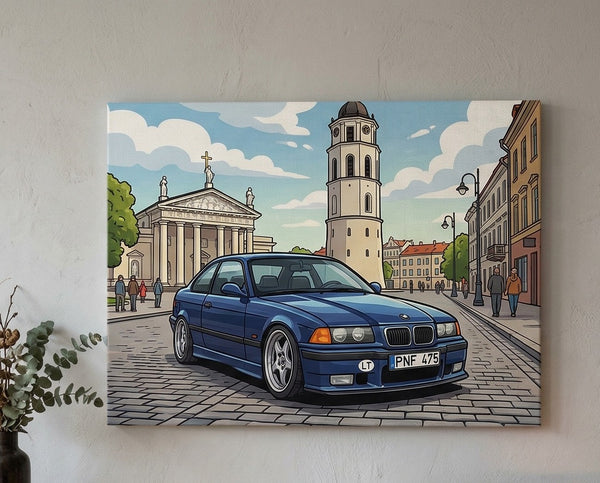 Canvas print of a blue car on a city street with a clock tower and classical architecture.