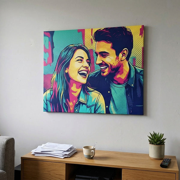 Colorful pop art of a couple on a wall above a wooden desk with a plant and remote control.