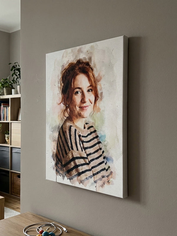 Canvas print of a woman's portrait on a wall in a home setting