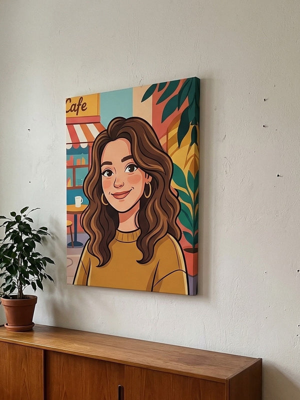 Canvas print of a woman with a colorful cafe background on a wall above a wooden shelf.