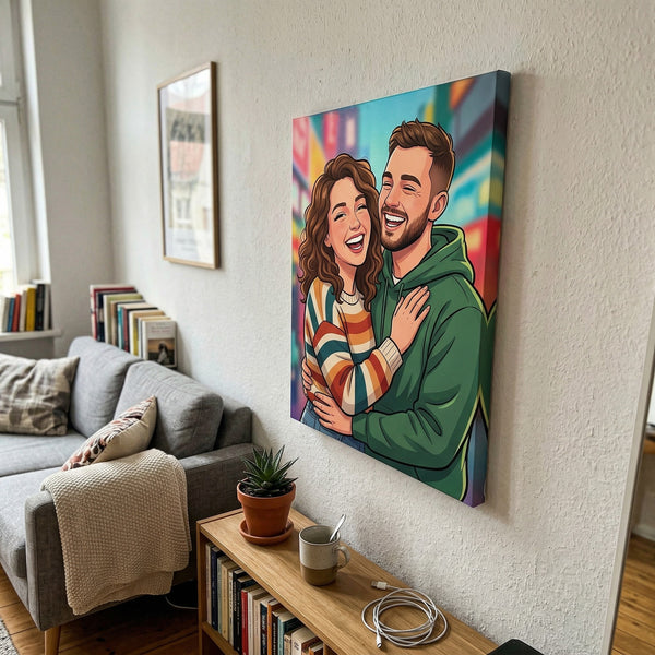 Canvas print of a couple embracing on a wall in a living room.