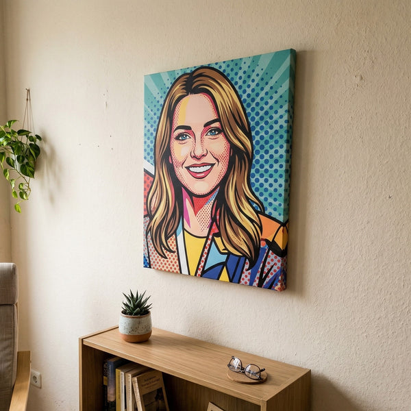 Colorful pop art portrait of a woman on a wall above a wooden shelf with a plant and books.