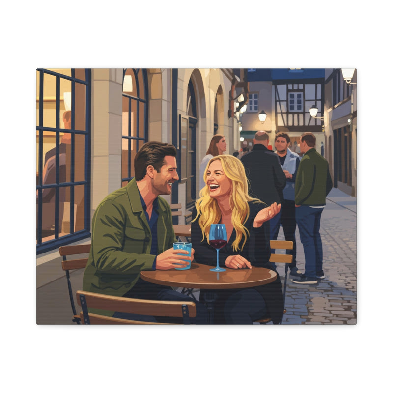 An artistic recreation of a couple at dinner, styled with bold colors and painterly textures, perfect for an anniversary gift.