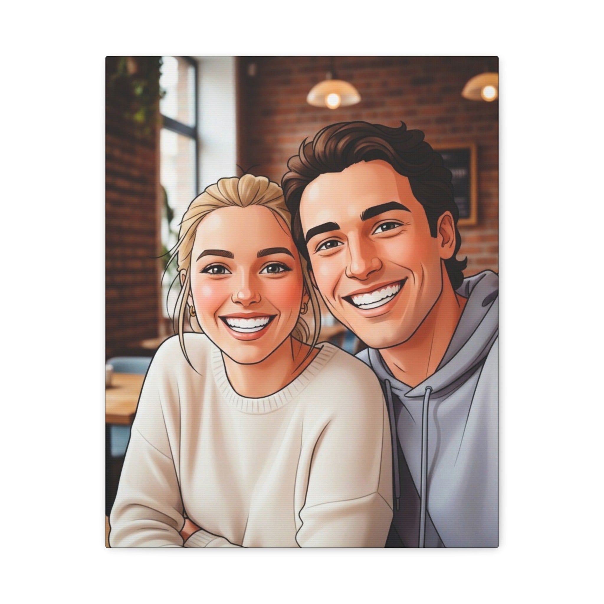 A front-facing view of a vertical canvas print featuring a custom AI-generated 2D cartoon portrait of a smiling couple in a cafe.