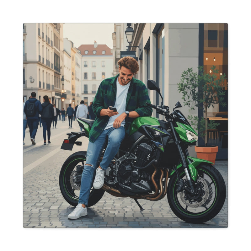 A personalized digital illustration of a man on a green sportbike, recreated in a clean, modern graphic art style.