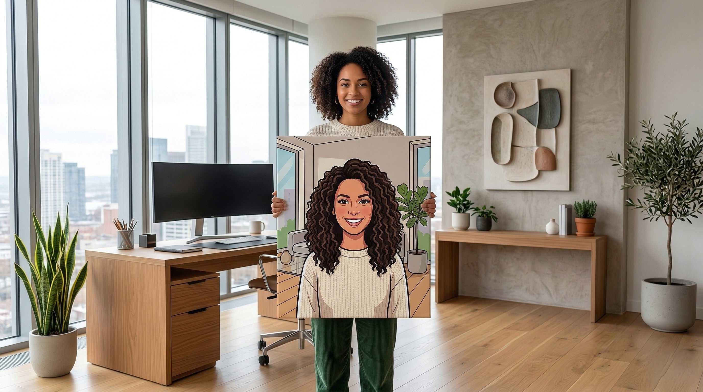 A woman in a modern office holding a custom cartoon style portrait on canvas.