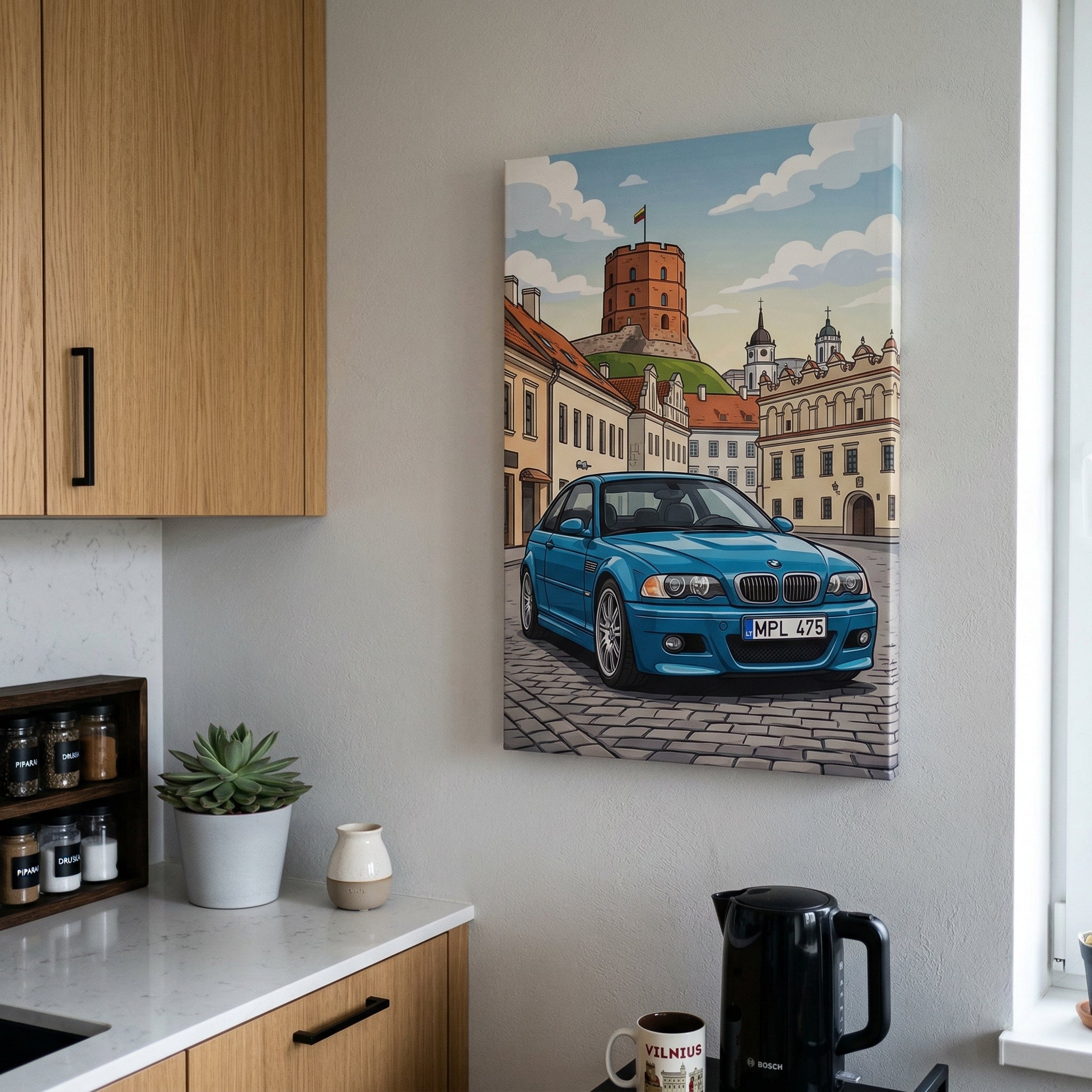 A custom cartoon style illustration of a blue car in Vilnius on canvas displayed in a kitchen.