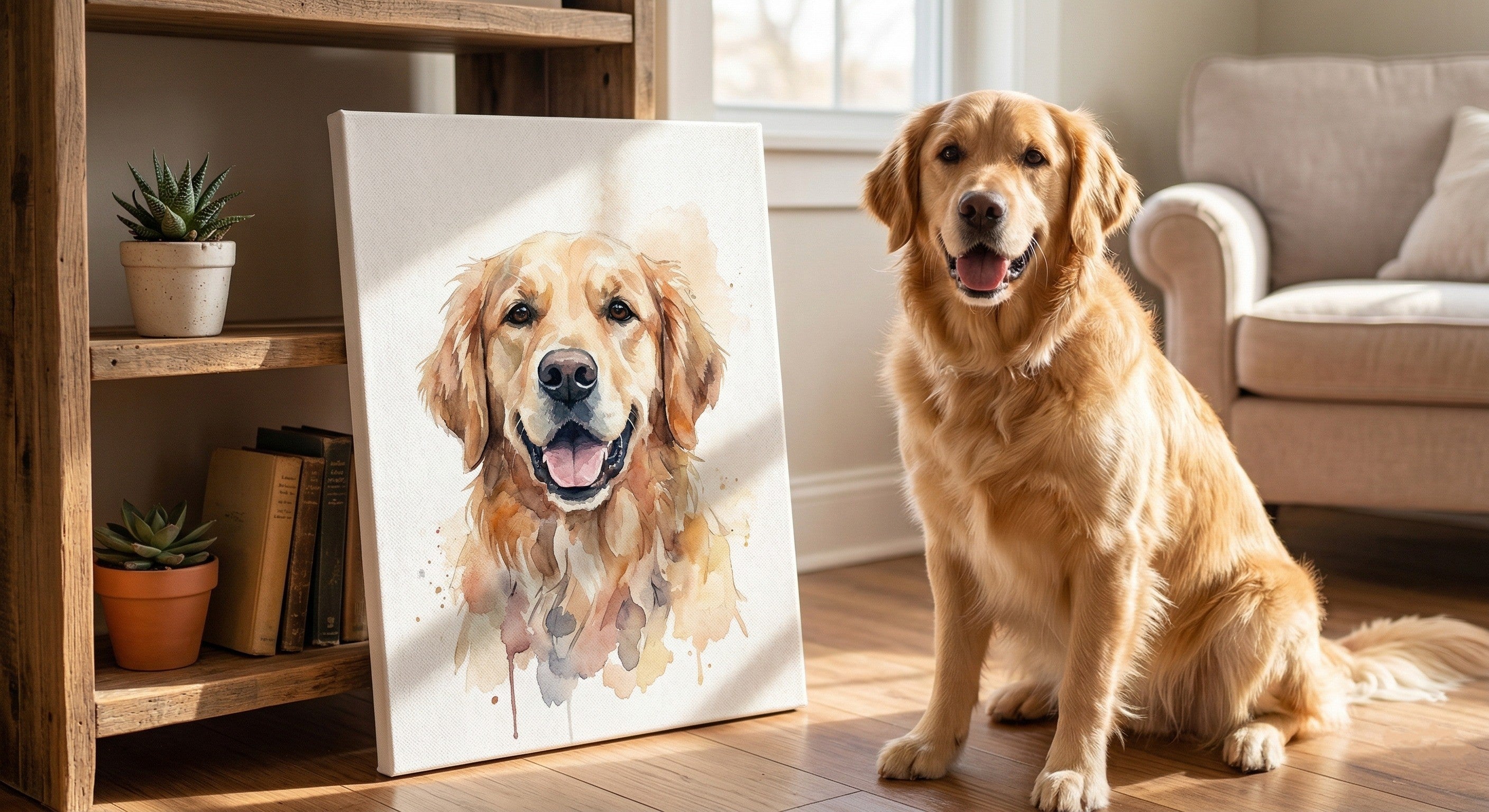 A Golden Retriever dog sitting on a wooden floor next to a custom watercolor style pet portrait on canvas.