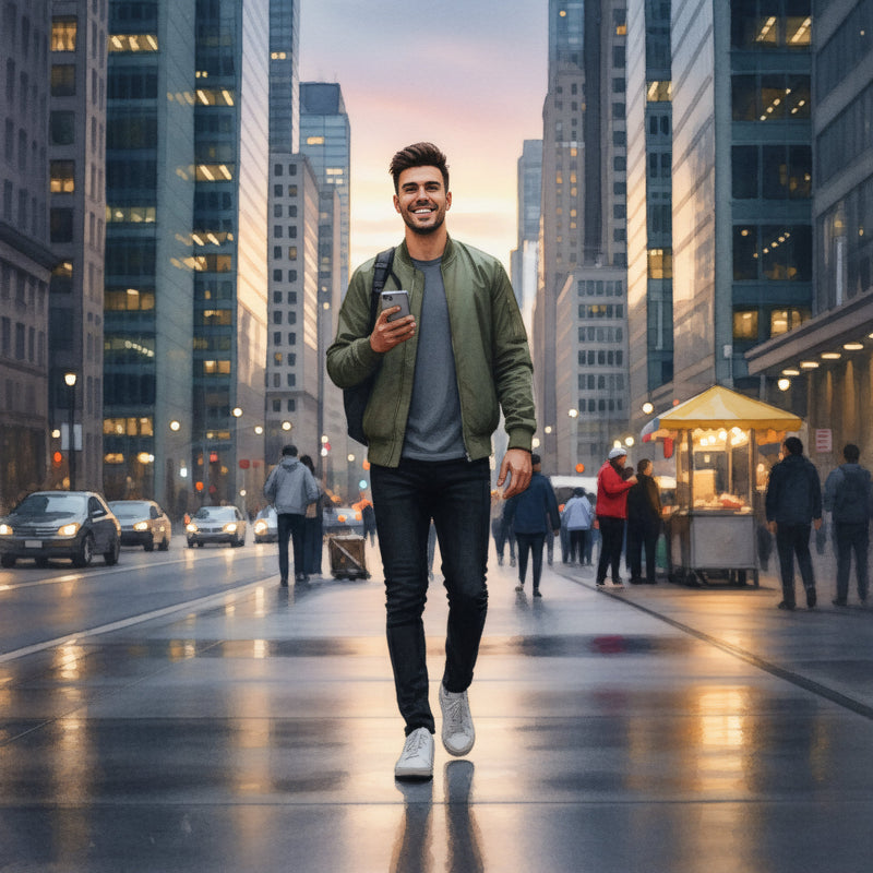 Artistic watercolor style portrait of a man walking in the city, created from a uploaded photo.