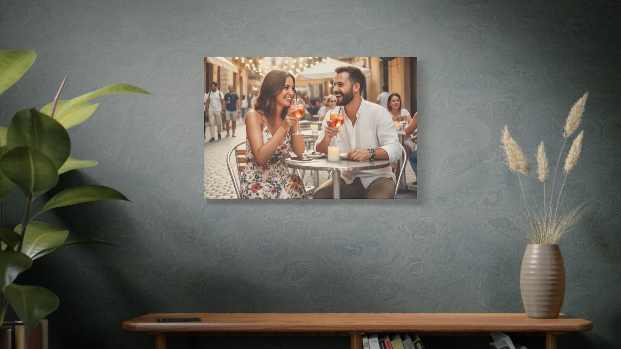 Modern living room interior with a framed custom AI art canvas hanging above the table.
