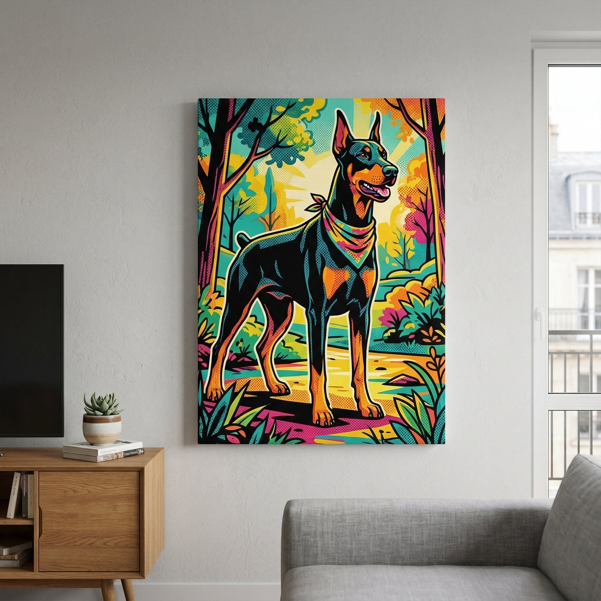 A personalised pop-art style portrait of a Doberman dog on canvas hanging on a wall.