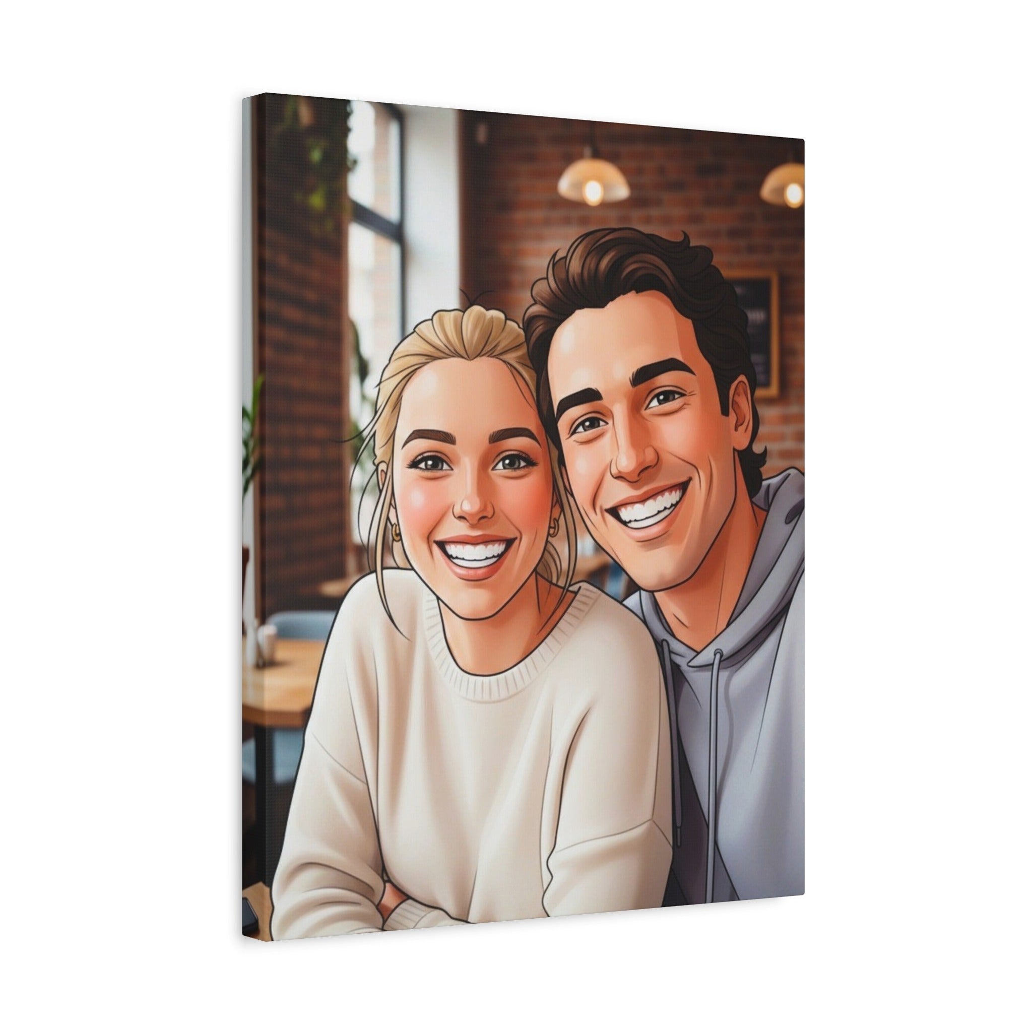 A side-angle perspective of a gallery-wrapped canvas, showcasing the thick wooden frame and the continuous wrap of the custom cartoon artwork.