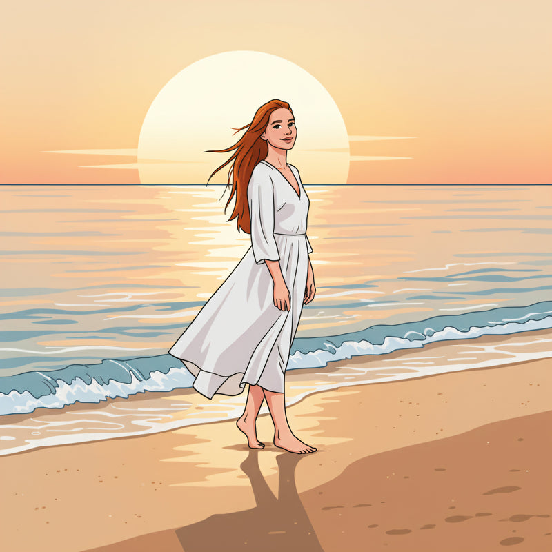 Dreamy cartoon style artwork of a woman on the beach, custom canvas print from photo.
