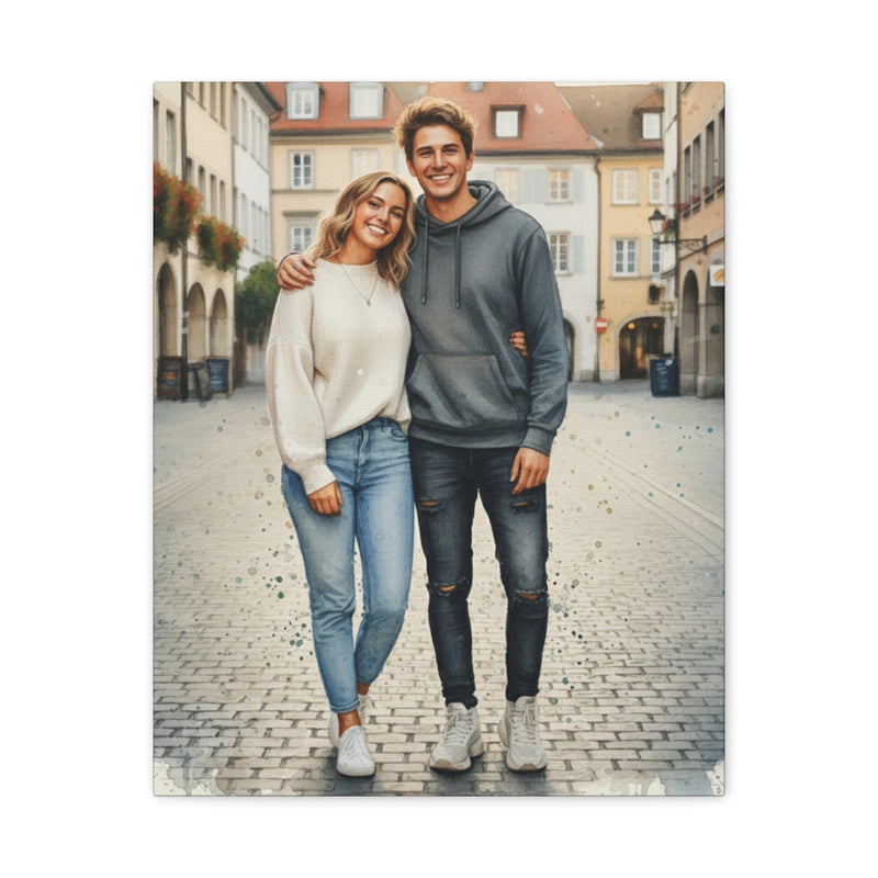 A custom watercolor-style illustration of a couple on a cobblestone street, featuring artistic paint splashes and soft textures.