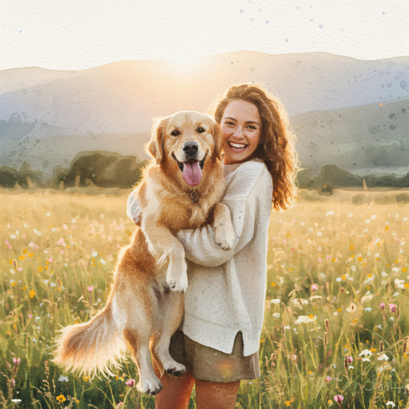 Soft watercolor style painting of a woman hugging her dog, turned from photo to art.