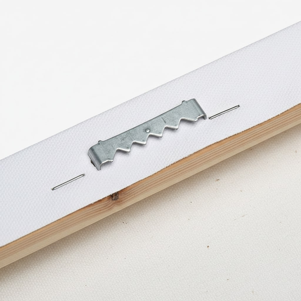 Close-up of the back of the canvas showing staples and ready-to-hang hardware included.