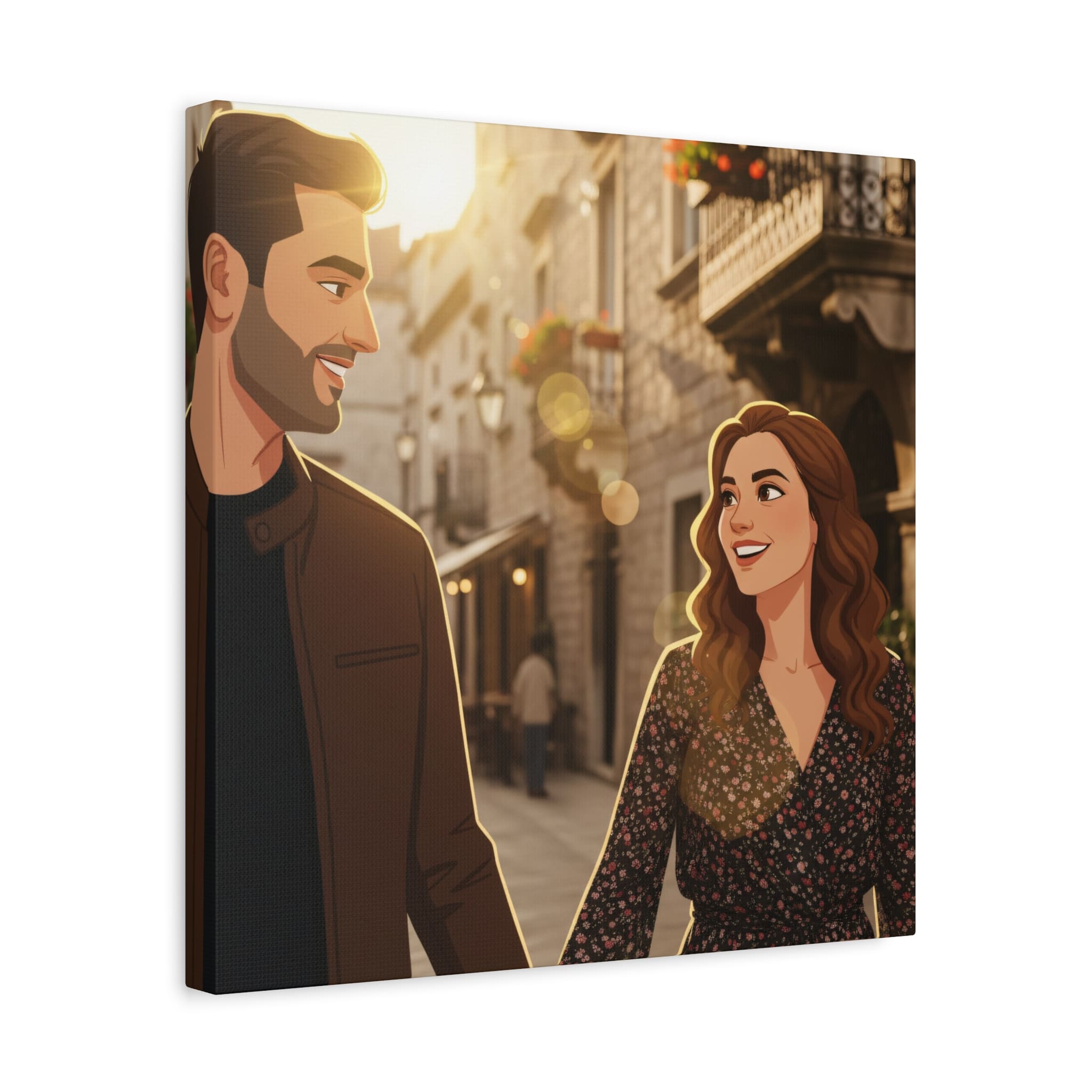 Romantic custom AI canvas print of a couple, perfect for anniversary gifts.