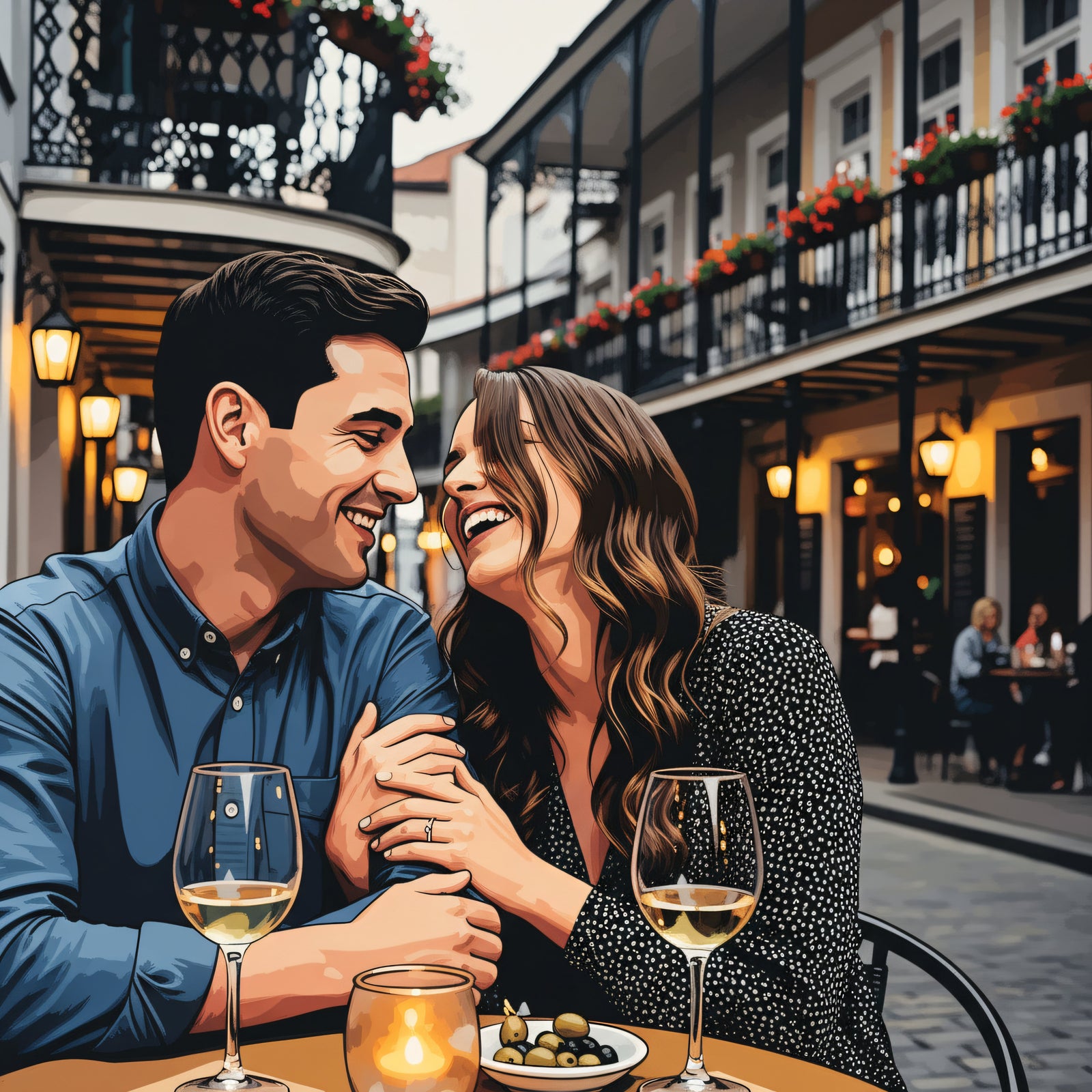 Happy couple looking at a personalized AI canvas print created from their photo.